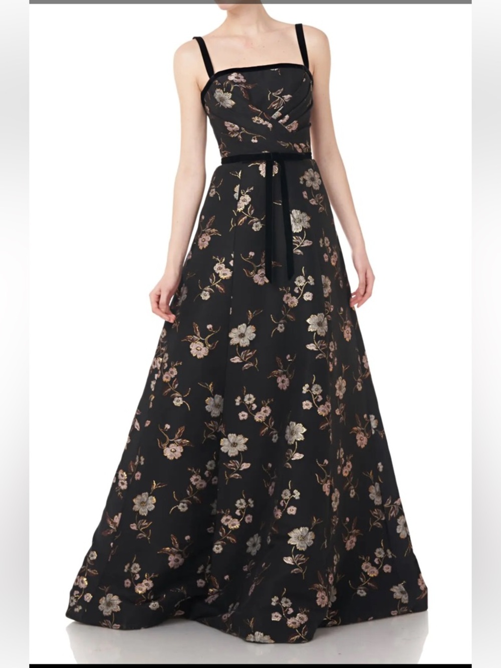 Monique Lhuillier Floral Brocade Sleeveless Evening Gown In Jet Multi Size 4